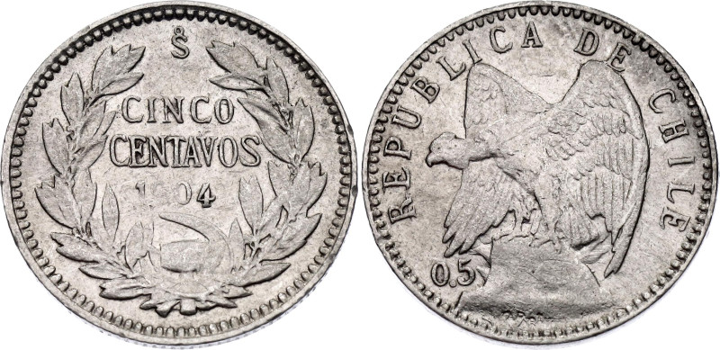 Chile 5 Centavos 1904 So

KM# 155.2, N# 16034; Silver; XF+