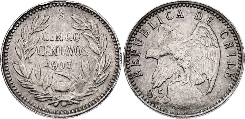 Chile 5 Centavos 1907 So

KM# 155.2, N# 16034; Silver; XF/AUNC