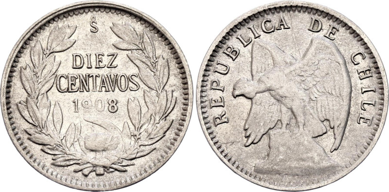 Chile 10 Centavos 1908 So

KM# 156.2a, N# 16045; Billon; XF