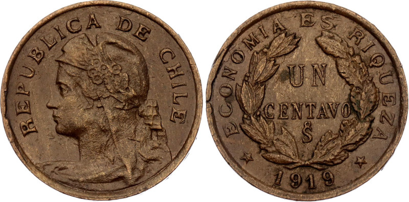 Chile 1 Centavo 1919 So

KM# 161, N# 22018; Copper; UNC-