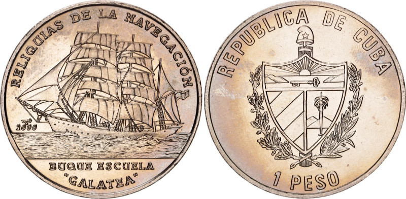 Cuba 1 Peso 2000

KM# 825, N# 39756; Copper-nickel; Training ship "Galatea"; U...