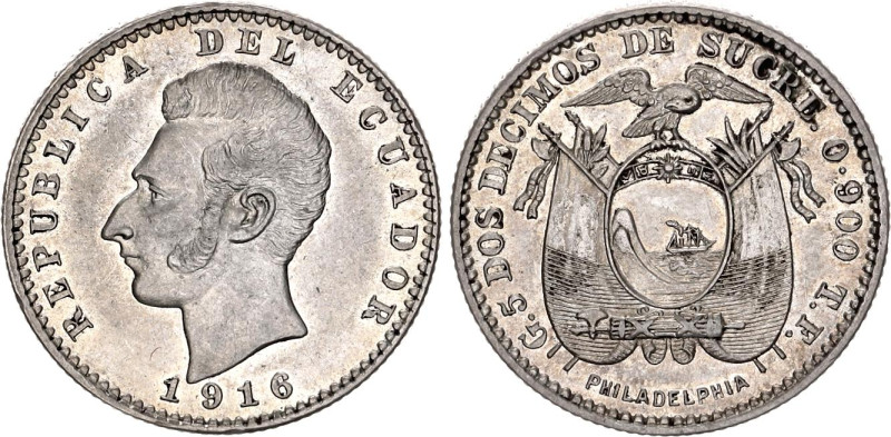 Ecuador 2 Decimos 1916 TF

KM# 51.4, Schön# 46, N# 14526; Silver 4.99 g.; Phil...