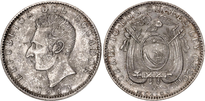 Ecuador 2 Sucres 1944 Mo

KM# 80, Schön# 73, N# 14522; Silver 9.98 g.; Mexico ...