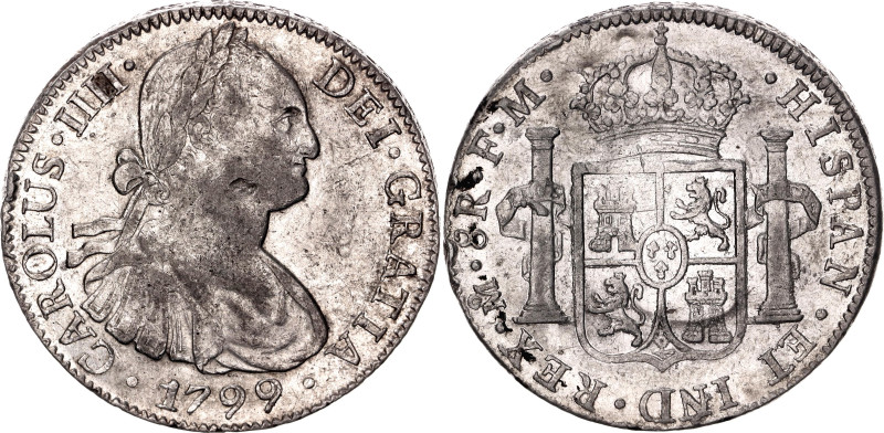 Mexico 8 Reales 1799 Mo FM

KM# 109, N# 18852; Silver 26.94 g.; Carlos IV; XF/...