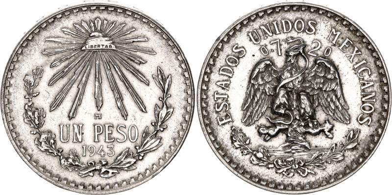 Mexico 1 Peso 1943 M

KM# 455, N# 4382; Silver 16.60 g.; UNC with full mint lu...