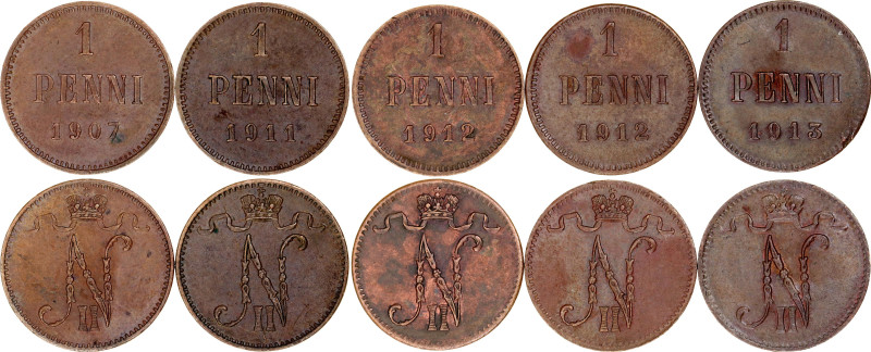 Russia - Finland 5 x 1 Penni 1907 -1913

Copper; AUNC