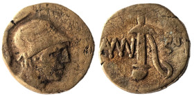 Pontos, Amisos. Under Mithradates VI Eupator (85-65 BC)
Obv: Helmeted head of Athena right
Rev: AMIΣOY, sword in sheath; star with crescent to upper l...