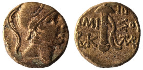 Pontos, Amisos. Under Mithradates VI Eupator (85-65 BC)
Obv: Helmeted head of Athena right
Rev: AMIΣOY, sword in sheath; star with crescent to upper l...