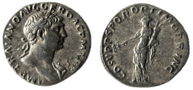 Trajan AR Denarius. Rome, AD 108-109. [IMP] TRAIANO AVG GER DAC P M TR P, laureate head to right, slight drapery on far shoulder / COS V P P S P Q R O...