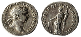 Trajan AR Denarius. Rome, AD 108-109. [IMP] TRAIANO AVG GER DAC P M TR P, laureate head to right, slight drapery on far shoulder / COS V P P S P Q R O...