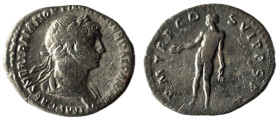 Trajan AR Denarius. Rome, AD 108-109. [IMP] TRAIANO AVG GER DAC P M TR P, laureate head to right, slight drapery on far shoulder / COS V P P S P, Aequ...