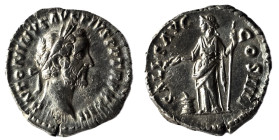 Antoninus Pius AR Denarius. Rome, AD 159-160. ANTONINVS AVG PIVS P P TR P XXIII, laureate head right / SALVTI AVG COS IIII, Salus standing left, feedi...
