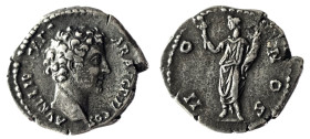 Marcus Aurelius AR Denarius. Rome, AD 145/146. AVRELIVS CAES-AR AVG PII F, bare head of Marcus Aurelius right, clean-shaven / COS II, Honos or Pax sta...