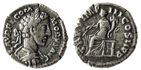 Commodus AR Denarius. Rome, AD 179-180. M COMMODVS ANTONINVS AVG, laureate head right / TR P V IMP IIII COS II PP, Fortuna seated left, holding rudder...