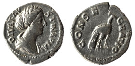 DIVA FAUSTINA II (Died 176). Denarius. Rome.
Obv: DIVA FAVSTINA PIA.
Draped bust right.
Rev: CONSECRATIO.
Peacock standing right, head reverted.
RIC 7...