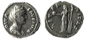 DIVA FAUSTINA SR., wife of Antoninus Pius. Died 145 AD. AR Denarius . DIVA FAVSTINA, draped bust right / AETER-NITAS, Fortuna standing left, holding g...
