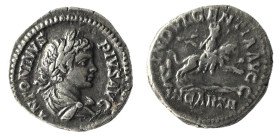 Caracalla AD 211-217. Rome
Denar AR
ANTONINVS PIVS AVG, laureate and draped bust right / INDVLGENTIA AVGG, the Dea Caelestis, holding thunderbolt and ...