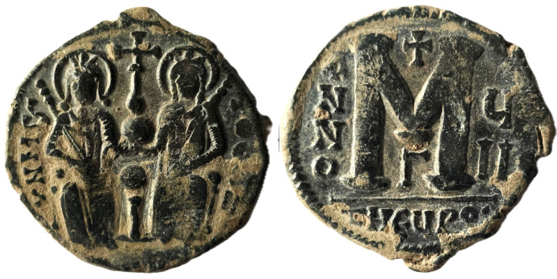 BYZANTINE EMPIRE, Justin II, 565-578, AE Follis (J.5), Theoupolis. Throne. Justi...