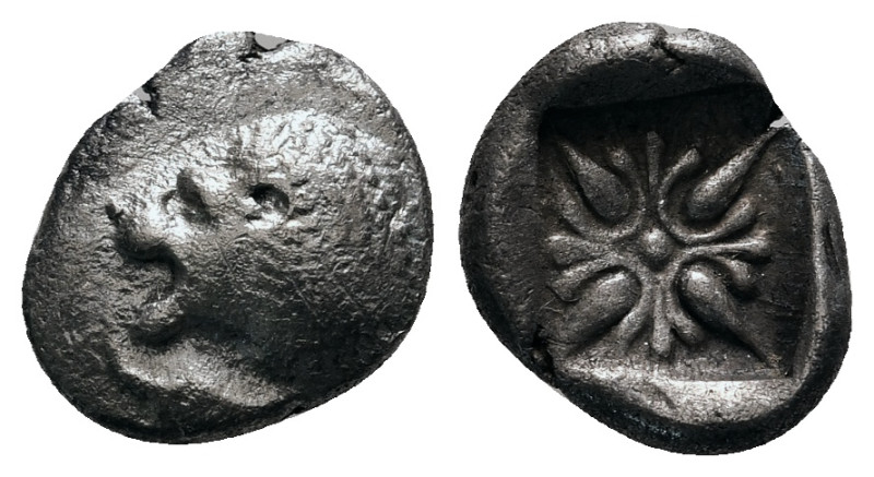 IONIA. Miletos. Diobol (6th-5th centuries BC).
Obv: Forepart of lion right, head...