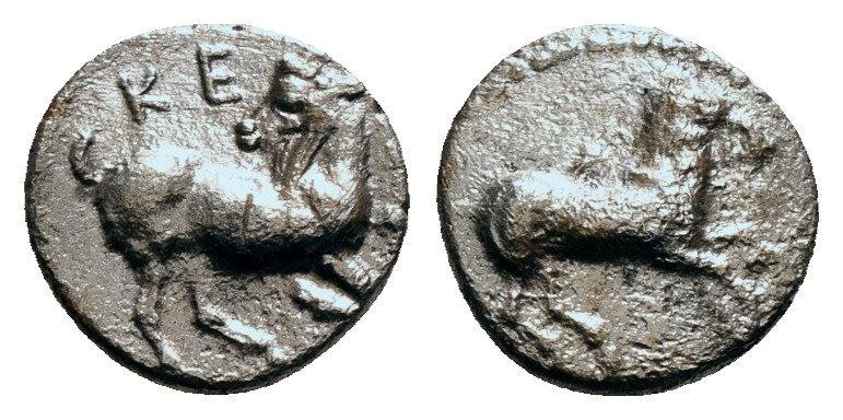 CILICIA. Kelenderis. Obol (Circa 425-400 BC).
Obv: KEΛ.
Goat kneeling right, hea...