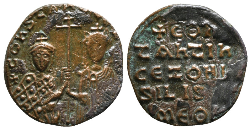 CONSTANTINE VII PORPHYROGENITUS with ZOE (913-959). Follis. Constantinople.
Obv:...