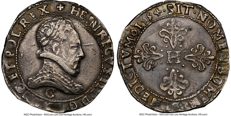 Henry III of France Franc d'Argent 1584-C AU Details (Mount Removed) NGC, Saint-...