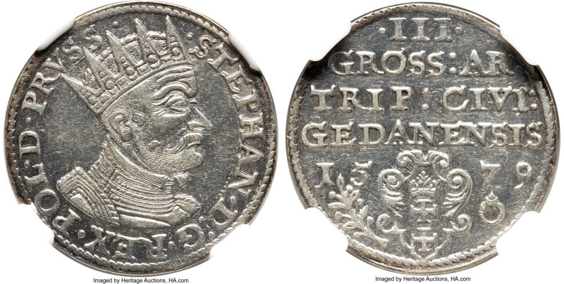 Danzig. Stephan Bathory 3 Groszy (Trojak) 1579 AU50 NGC, Kop-7434 (R5), Gum-791....