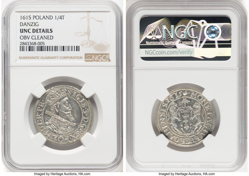 Danzig. Sigismund III 1/4 Taler (Ort) 1615 UNC Details (Obverse Cleaned) NGC, KM...