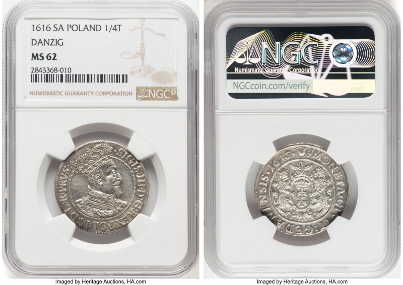 Danzig. Sigismund III 1/4 Taler (Ort) 1616-SA MS62 NGC, KM14, Kop-7491, Kopicki ...
