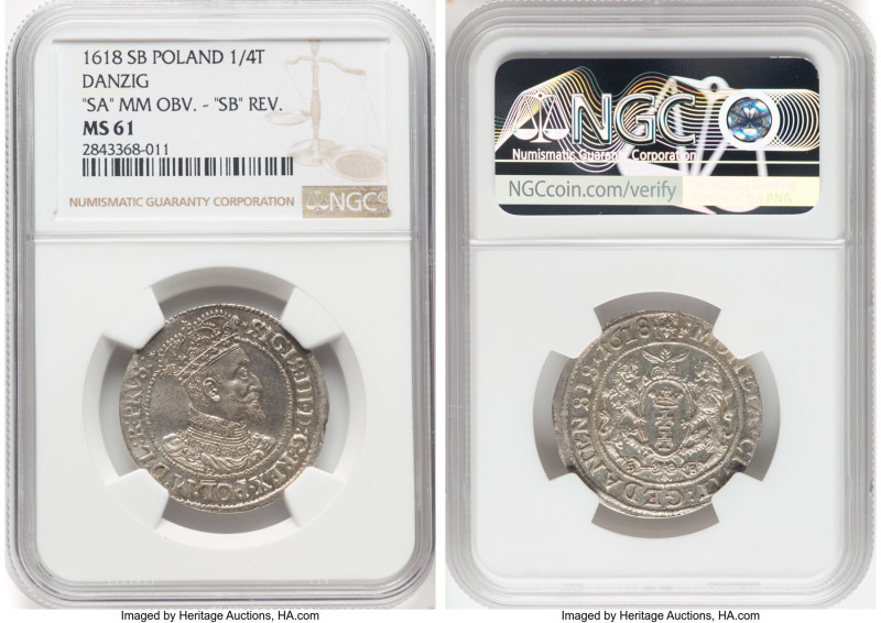 Danzig. Sigismund III 1/4 Taler (Ort) 1618-SB MS61 NGC, KM14, Kop-7496, Kopicki ...