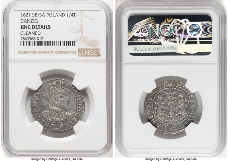 Danzig. Sigismund III 1/4 Taler (Ort) 1621-SB/SA UNC Details (Cleaned) NGC, KM14...