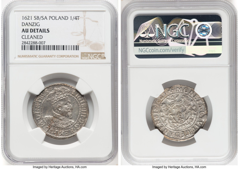 Danzig. Sigismund III 1/4 Taler (Ort) 1621-SB/SA AU Details (Cleaned) NGC, KM14,...