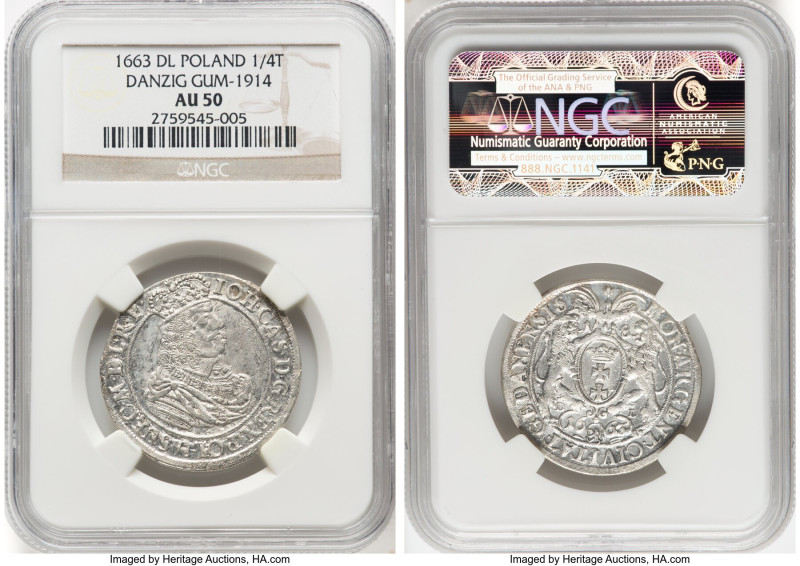 Danzig. Johann Casimir 1/4 Taler (Ort) 1663-DL AU50 NGC, KM54, Kop-7631, Gum-191...