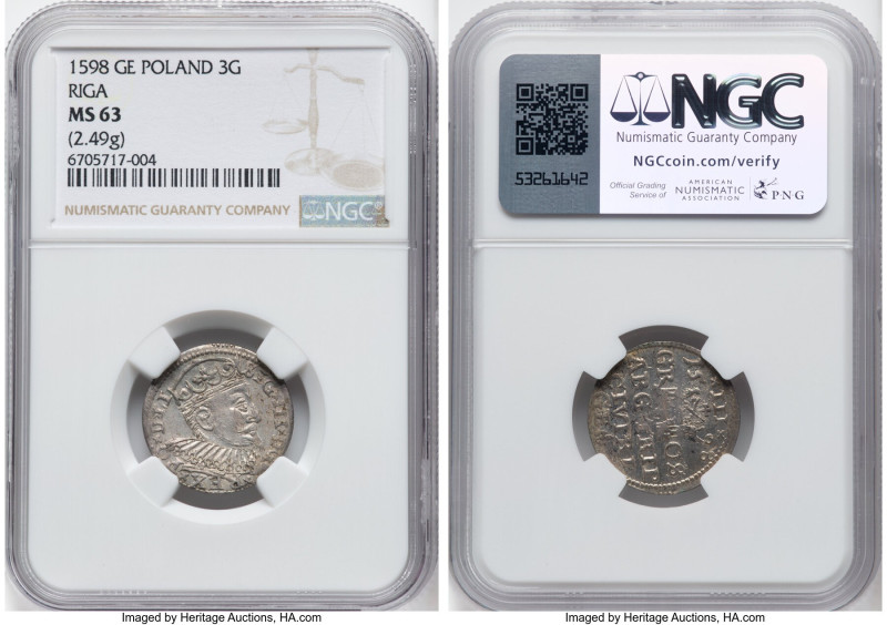 Riga. Sigismund III 3 Groszy 1598-GE MS63 NGC, Kop-8194. 2.49gm. HID09801242017 ...
