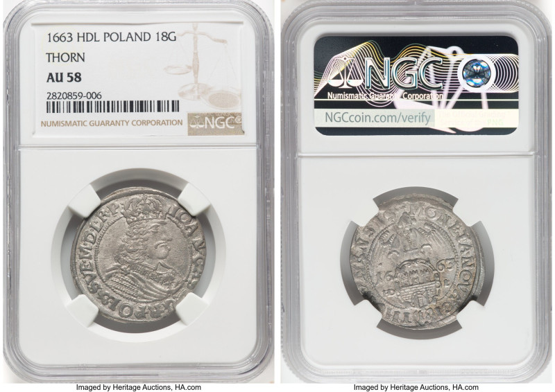 Thorn. Johann Casimir 18 Groszy (Ort) 1663 HD-L AU58 NGC, KM35, Kop-8327, Gum-19...