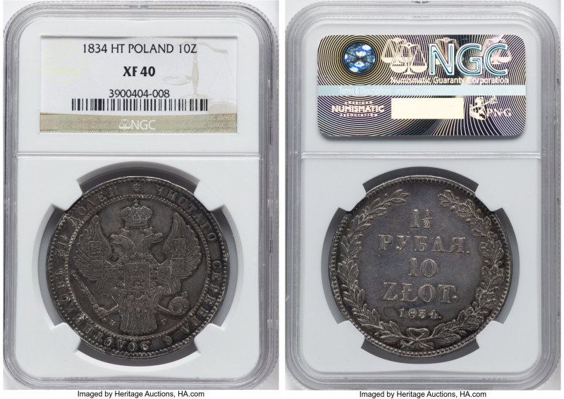 Nicholas I of Russia 10 Zlotych (1-1/2 Roubles) 1834-HГ XF40 NGC, Petersburg min...