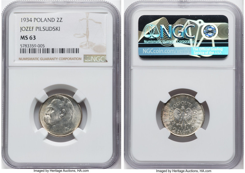 Republic "Josef Pilsudski" 2 Zlote 1934-(w) MS63 NGC, Warsaw mint, KM-Y27. HID09...