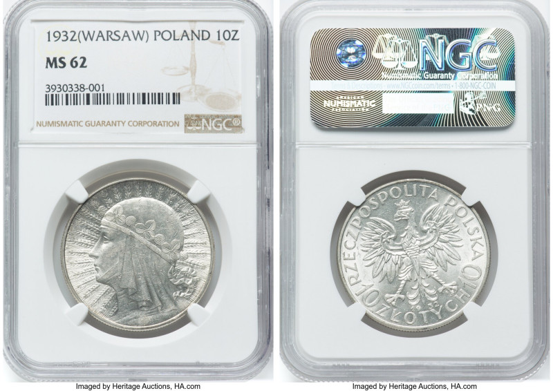 Republic 10 Zlotych 1932-(w) MS62 NGC, Warsaw mint, KM-Y22. An ever-appreciable ...