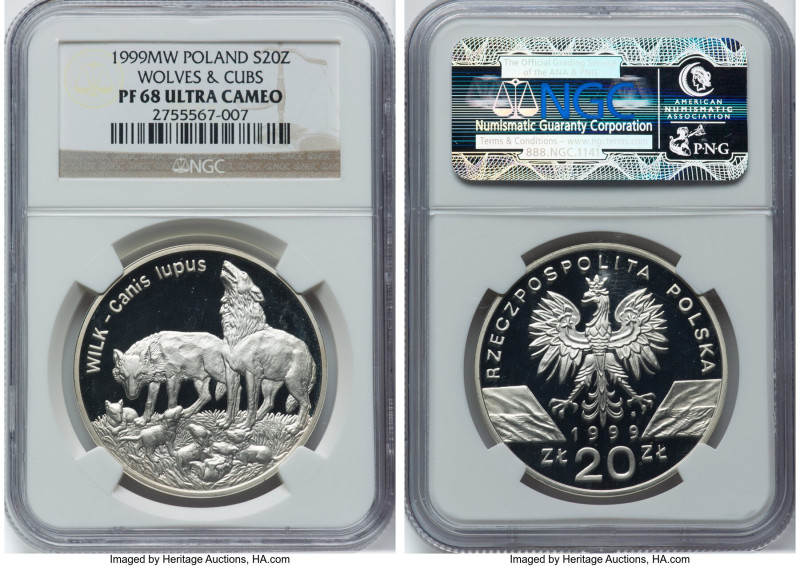 People's Republic silver Proof "Wolves & Cubs" 20 Zlotych 1999-MW PR68 Ultra Cam...