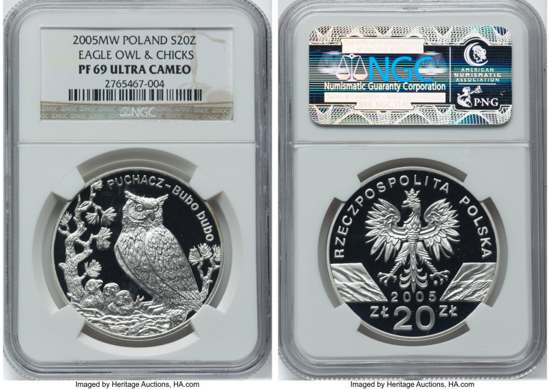 People's Republic silver Proof "Eagle Owl & Chicks" 20 Zlotych 2005-MW PR69 Ultr...