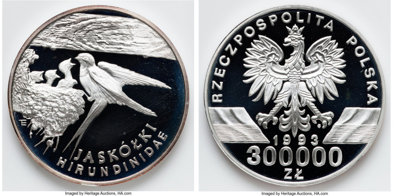 People's Republic silver Proof "Barn Swallows" 300000 Zlotych 1993 UNC, Warsaw m...