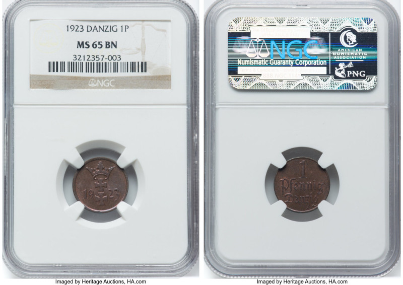 Free City Pfennig 1923 MS65 Brown NGC, Berlin mint, KM140, Parchimowicz-53a. HID...