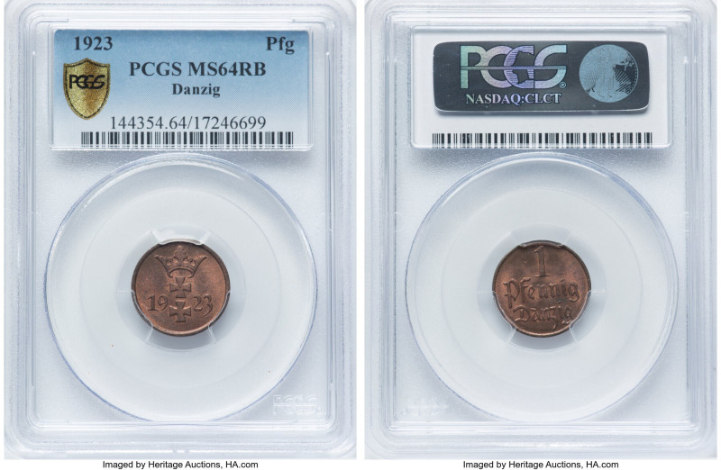 Free City Pfennig 1923 MS64 Red and Brown PCGS, Berlin mint, KM140, Parchimowicz...