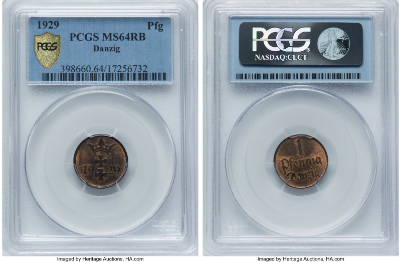 Free City Pfennig 1929 MS64 Red and Brown PCGS, Berlin mint, KM140, Parchimowicz...
