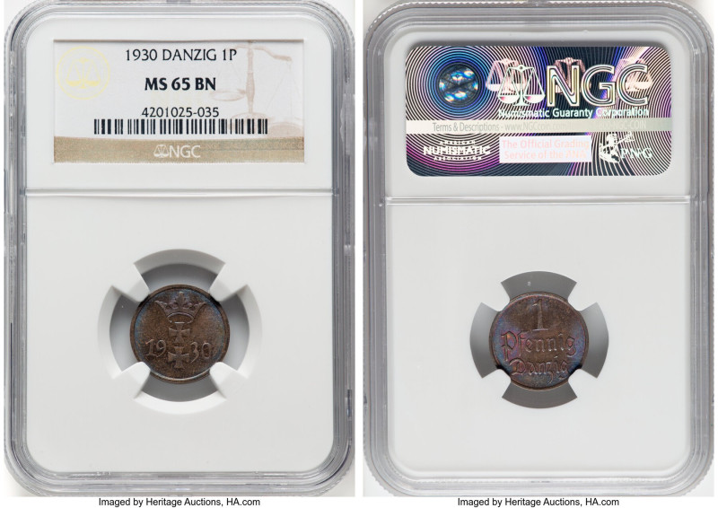 Free City Pfennig 1930 MS65 Brown NGC, Berlin mint, KM140, Parchimowicz-53d. HID...