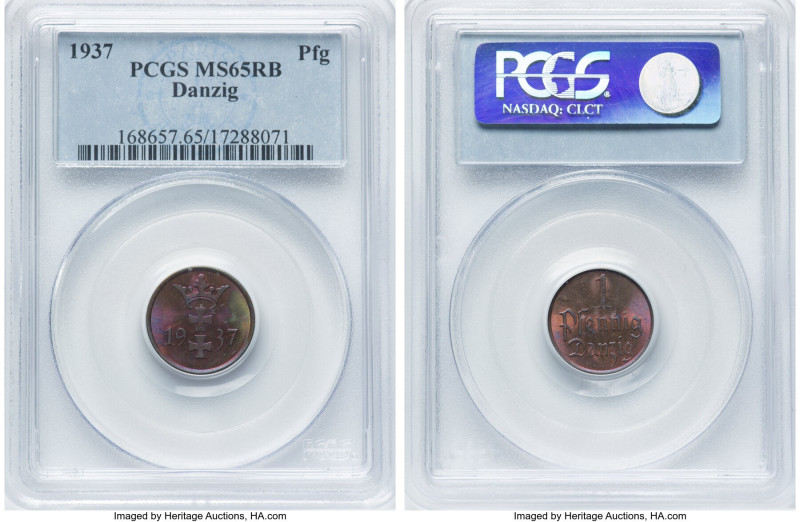 Free City Pfennig 1937 MS65 Red and Brown PCGS, Berlin mint, KM140, Parchimowicz...