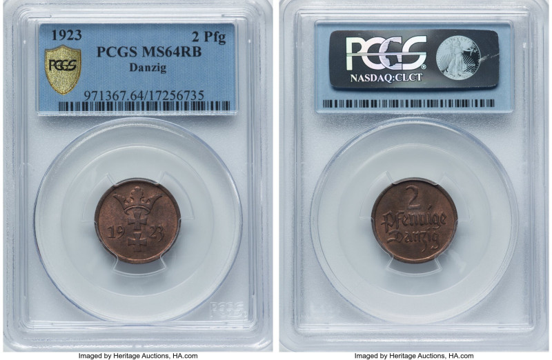 Free City 2 Pfennig 1923 MS64 Red and Brown PCGS, Berlin mint, KM141, Parchimowi...