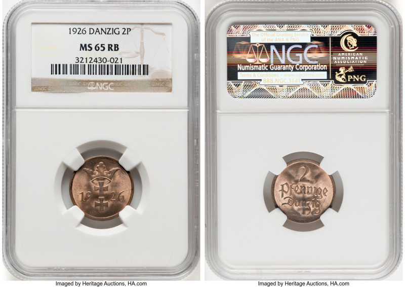 Free City 2 Pfennig 1926 MS65 Red and Brown NGC, Berlin mint, KM141, Parchimowic...