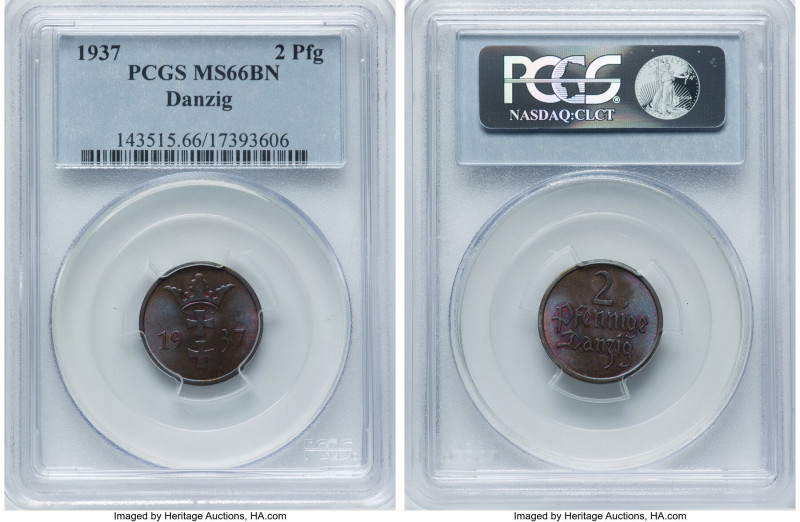 Free City 2 Pfennig 1937 MS66 Brown PCGS, KM141. Presently the sole finest examp...