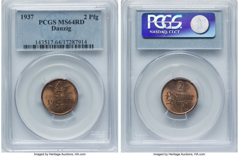 Free City 2 Pfennig 1937 MS64 Red PCGS, KM141. HID09801242017 © 2024 Heritage Au...